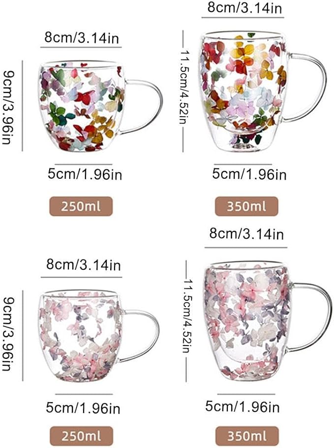 Dried Flowers Double Wall Clear Glass Coffee Mugs,Creative Clear Glass Cups with Handle, Double Insulated Glass Cup, 350ml Glass Coffee Cups