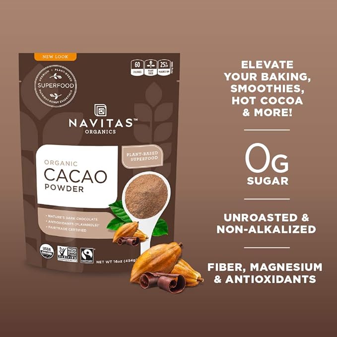 Navitas Organics Cacao Powder, 16 oz. Bags (Pack of 2) — Organic, Non-GMO, Fair Trade, Gluten-Free (19-002)