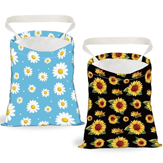 2PCS Daisy Sunflower Print Car Trash Bag Portable Waterproof Hanging Garbage Bag with Snap Buttons Back Seat Reusable Rubbish Storage Dustbin for Car Interior Accessories Kitchen Home Travel