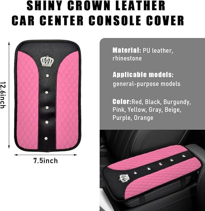 Bling Crown Car Center Console Mats, Anti-Slip and Waterproof Crystal Car Armrest Pad Protector, Universal Rustproof Armrest Decor Cushion for Cars & SUVs, Car Accessories (Pink)