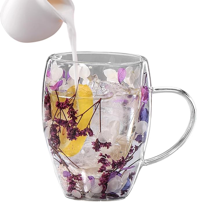 Flower Glass Double Wall Glass - 350ml Aesthetic Dried Flowers Double Wall Glass Coffee Mugs | Clear Glass Cups With Handle,Anti-Scalding Coffee Cups For Hot Beverages,Tea Or Coffee
