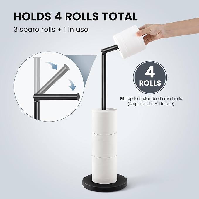 Cesun Extra Weighted Base Toilet Paper Holder Stand - SUS304 Rust Proof Free Standing Tissue Roll Holder for 4 Rolls, No Tipping, No Slipping, Matte Black