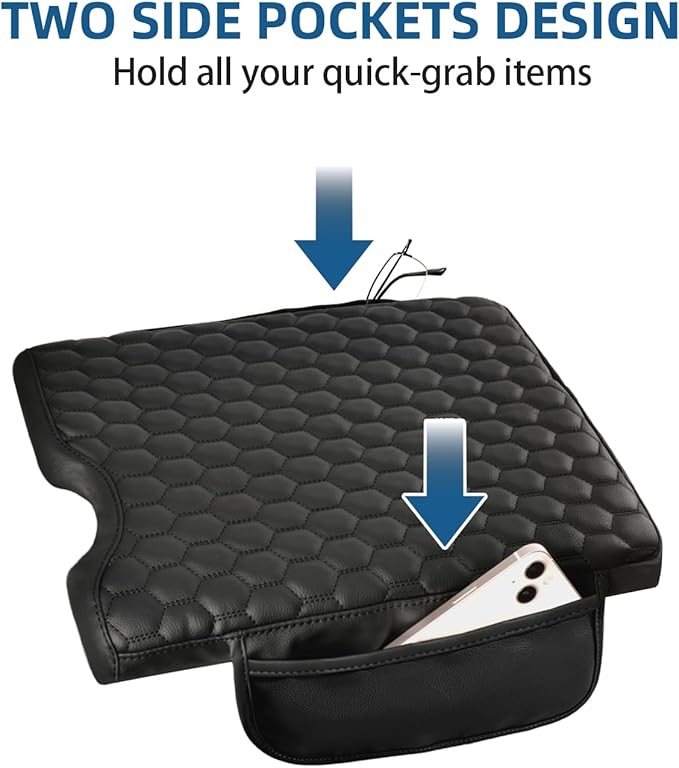 Center Console Cover Compatible with 2015-2025 Ford F150, 2017-2025 F250 F350 F450 with 40/20/40 Jump Seat, Leather Armrest Cover Middle Console Cover with Two Side Pockets (Jump Seat Only)