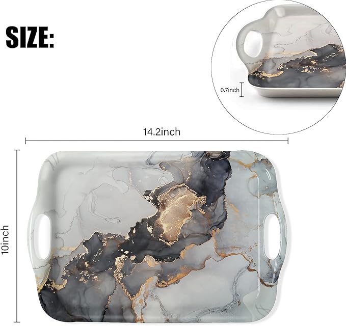 Serving Tray Decorative Tray with Handles Multi-Purpose Rectangular Serving Trays for Restaurant, Parties, Coffee Table, Kitchen - Grey Gold Marble Pattern