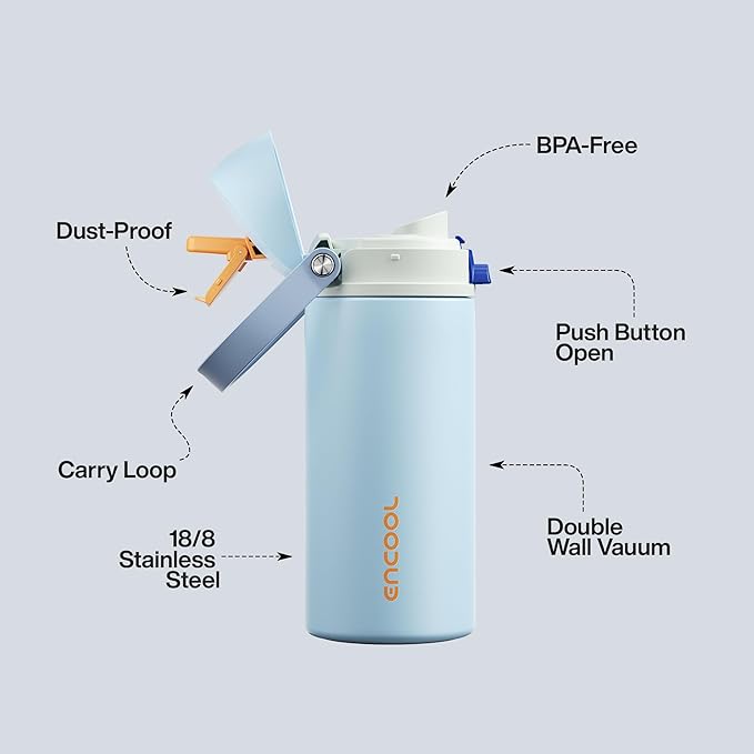 Insulated Water Bottle with Straw - Encool Stainless Steel Water Bottle with Push Button Lid, Leak-Proof & BPA-Free, Keeps Cold for 24 Hours for Sports, Travel, Gym (24 oz, Hazy Blue-Blue)