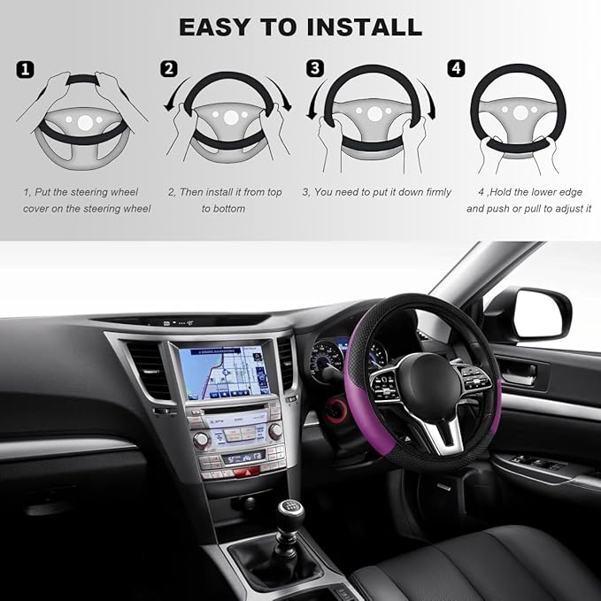 Car Steering Wheel Cover, 15 Inch Carbon Fiber Elastic Vehicle Steering Wheel Protector, Breathable Leather Auto Wheel Covers for Women Men, Interior Car Accessories (Black & Purple, AD)