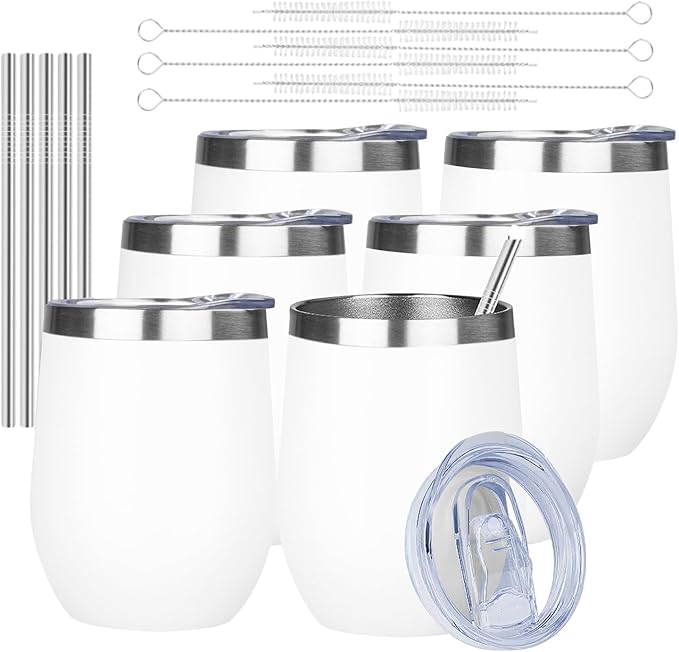 MEZMUT 12 Oz Insulated Wine Tumbler with Lid Double Wall Vacuum Stainless Steel Wine Glass Coffee Mug Insulated Tumbler Cup for Champaign, Cocktail, Beer (White, 6 Pack)