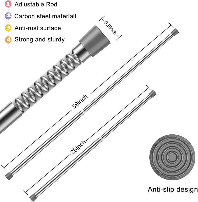 AIZESI Sliver Spring Tension Rods Adjustable 26 to 39 Tension Curtain Rod Small Tension Rod No Drilling Expandable Spring Loaded Curtain Tension Rod,Suitable for Doors and Windows 26 to 36 inch (3Pcs)
