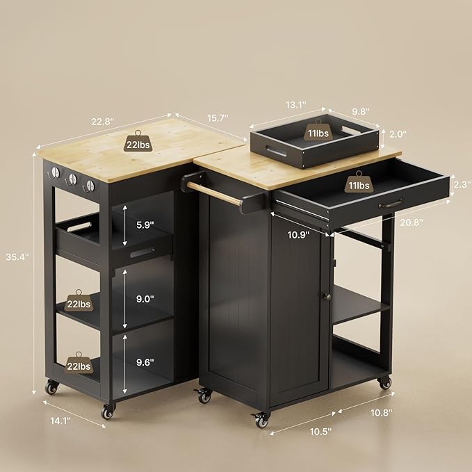 Gizoon Kitchen Island Cart with Solid Wood Top, Rolling Serving Utility Trolley Cart with Drawer, Cabinet, Towel Rack, Hooks and 3 Open Storage Shelves, Mobile Storage Cart for Dining Room, Bar, Black