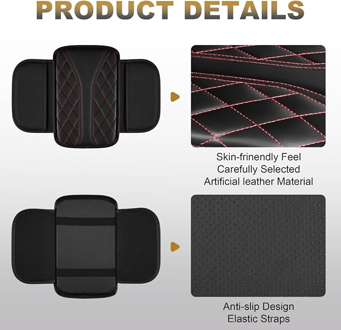 YORKNEIC Armrest Cover for Car Fit for Lincoln Nautilus: Middle Console Cover with 2 Storage Bags Waterproof Faux Leather Car Armrest Cover (Black&Redline)