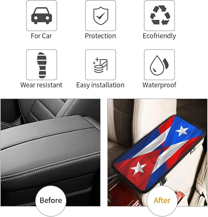 Auto Center Console Pad Puerto Rico Porto Rico Puerto Rican and Cuba Cuban Flag Wavy Car Armrest Cover Armrest Seat Handrail Box Cover Cushion Universal Decoration Protector Accessories