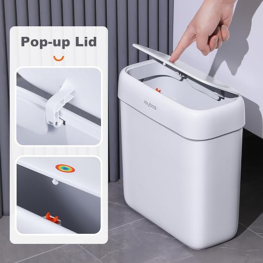 JOYBOS Bathroom Trash Can with Lid, 3 Gallon Small Garbage Can, 10L Dogproof Slim Plastic Narrow Trash Bin with Pop-up Lid for Toilet, Office, Bedroom, Living Room, White