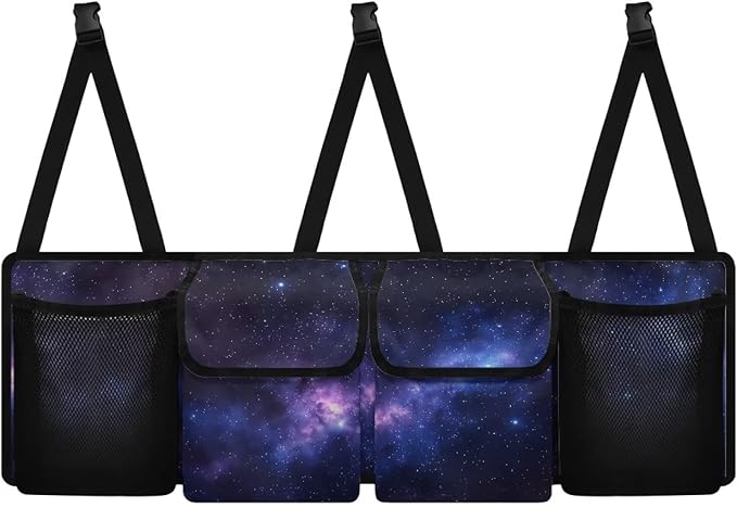 Purple Galaxy Car Trunk Organizers, 37.1" x 11.8" Backseat Hanging Organizer with 4 Storage Bag, Waterproof Car Organizer with Adjustable Strap, Road Trip Large Capacity Bag for Car SUV
