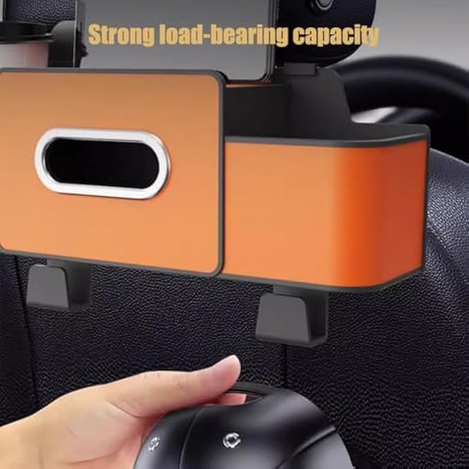 Car Organizers and Storage Box, Multifunctional Car Organizer and Storage Box Back Seat, 3-in-1 Holder Tissue Dispenser, Phone Stand for Snacks, Drinks, Bag Hook, Keep Tidy & Organized (Orange)