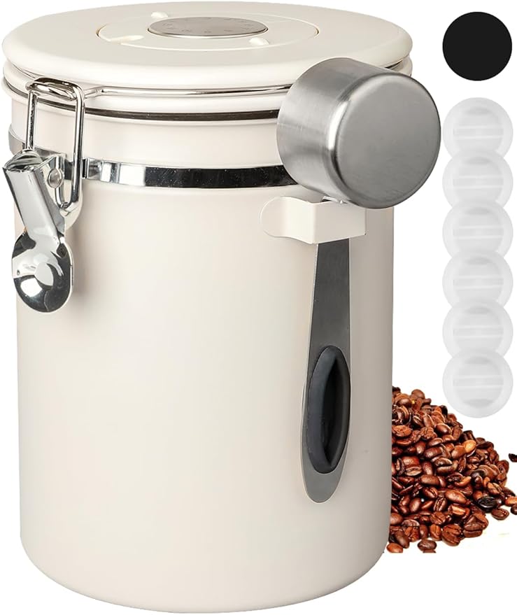 INFTYLE Coffee Canister with Airtight Lid, 22oz, 60 fl oz White, Stainless Steel Air Tight Lid Container with Date Tracker and Scoop Food Storage Jar for Coffee Bean (Cream)