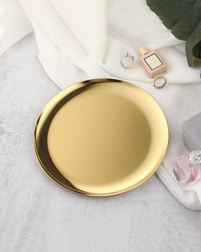 Serving Trays 7.9in Stainless Steel Decorative Tray Round Light Gold Tray for Kitchen Wedding Party Coffee Table