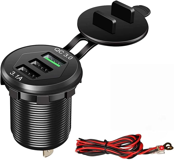 Quick Charge 3.0 Car Charger, Marine Grade 12V/24V 35W QC3.0/2.0 USB Socket, IP66 Waterproof 3-Port Fast Charging with Wire Fuse Aluminum for Car Boat Marine ATV RV Truck Golf Cart