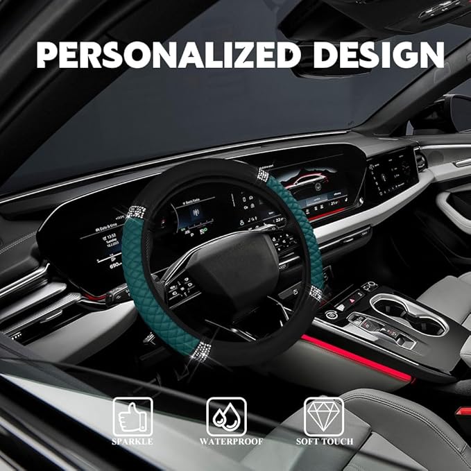 Car Steering Wheel Cover, Steering Wheel Accessories, Breathable Microfiber Leather Auto Wheels Protector, Universal 15 Inch Anti-Slip Protector for SUV Sedan Truck (Bling-Dark Green)