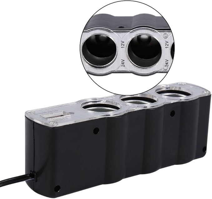 EBTOOLS Cigarette Lighter Socket Splitter, 3 Socket Car Cigarette Lighter Socket Splitter DC Power Charger Adapter with USB Socket