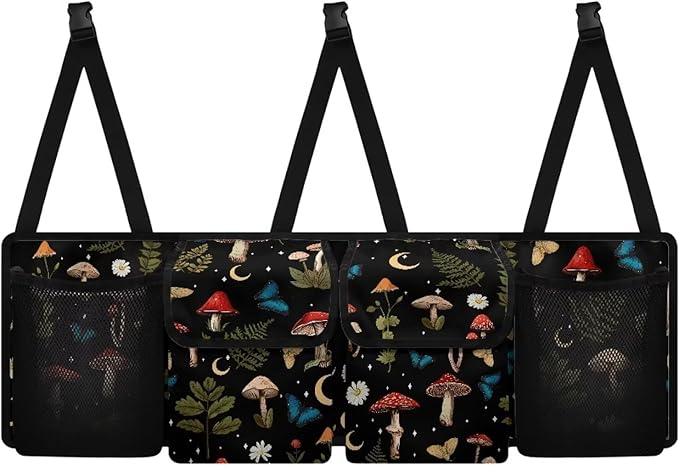 Dreaweet Mushroom Print Trunk Organizer for Car Women,Large Capacity Car Backseat Hanging Organizer for SUV,Van,Car,Cargo Storage Collapsible with 4 Pockets Adjustable Straps