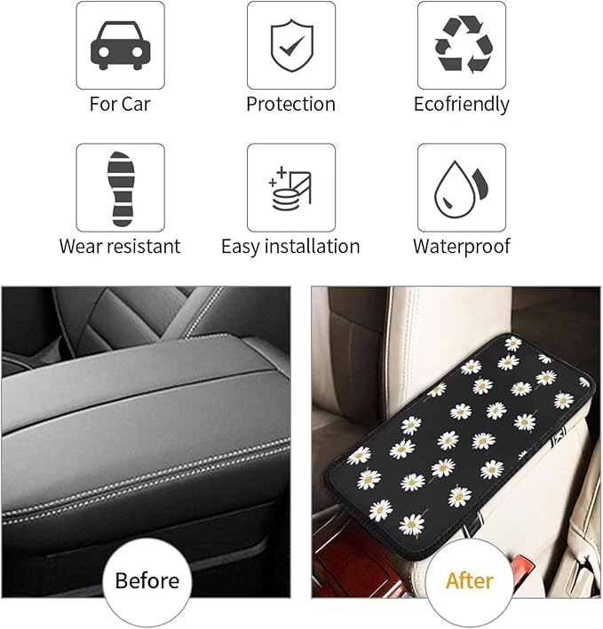 Floral Daisy Car Center Console Cushion Pad Cute Wildflower Armrest Box Cover Protector Black Comfortable Car Decor Accessories Fit for Most Cars, Vehicles, Sedans Vans Truck SUV