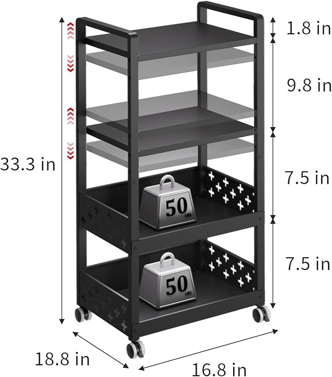 Kitchen Rolling Cart,4 Tier Mobile Utility Snack Cart with Adjustable Shelf, Fruit and Vegetable Storage on Wheels for Kitchen, Bathroom, Office,Coffee Bar Black