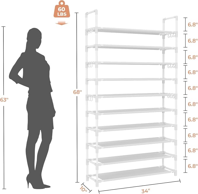 LANTEFUL Tall Shoe Rack 10 Tier Shoe Organizer Large Shoe Shelf with 18 Hooks Storage for 50 Pair Sneaker and Boot, Stackable Vertical Shoe Rack Organizer for Closet, Entryway, Bedroom, White