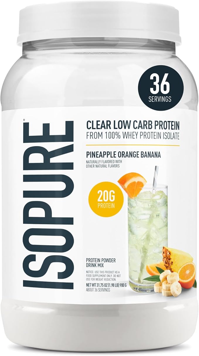 Isopure Clear Whey Isolate Protein Powder, Lactose Free, Gluten Free, Naturally Flavored, Pineapple Orange Banana, 20g Protein Per Serving, 1.9 Lb, 36 Servings (Packaging May Vary)