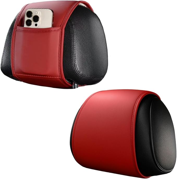 2PCS Car Headrest Covers for Back Seat, Leather Dirt-Proof Car Seat Head Rest Protector with Pocket, All Season Universal Auto Interior Decoration Headrest Organizer for Phone, Key (Wine Red)
