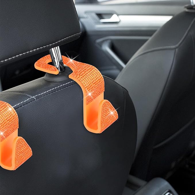 4PCS Bling Car Seat Headrest Hooks, Vehicle Back Seat Purse Handbag Hanging Holder with Crystal Rhinestone, Diamond Storage Organizer Hook, Universal Automotive Accessories (Orange)