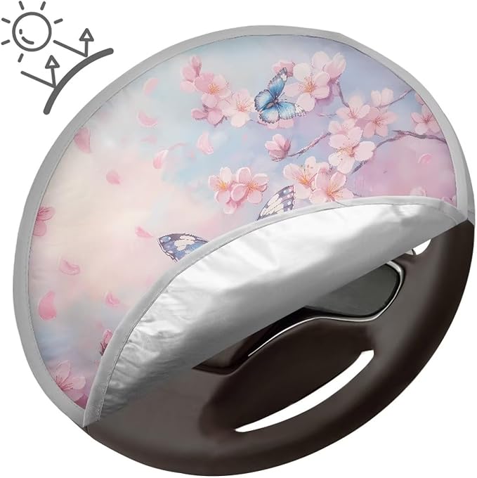 Butterfly Cherry Flower Pattern Steering Wheel Sun Shade Cover, Decorative Accessories for Women Universal Steering Wheel UV Rays Sun Visor Protector Universal Fit Car SUV Truck Van