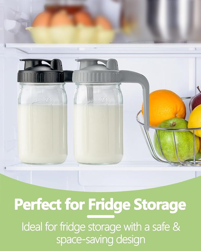 2 Pack 32oz Glass Pitcher with Lid & V-shaped Pour Spout - 1 Quart Breastmilk Pitcher Double Leak Proof, Creamer Container for Sun Tea, Juice, Cold Brew Coffee, Breastmilk Storage Container