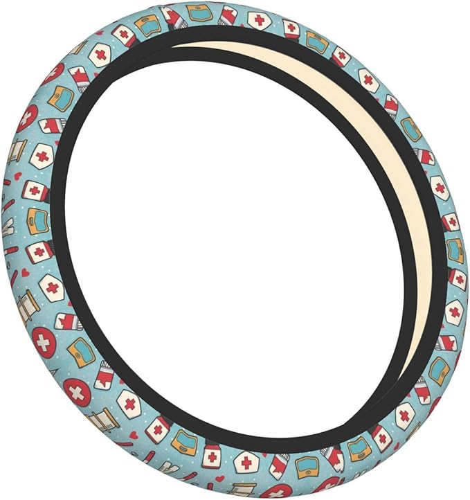 Nurse Whimsy Blue Universal Fit Steering Wheel Cover for Car, Truck, and SUV, Durable Steering Wheel Protection