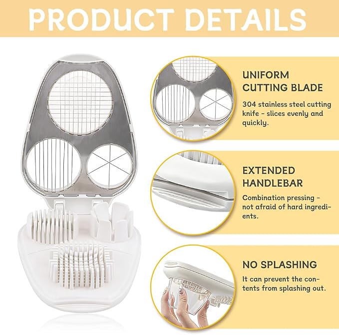 3-in-1 Egg Slicer for Hard Boiled Eggs, Stainless Steel Wire Egg Cutter with ABS Frame, Multi-Functional Kitchen Gadget for Slicing Strawberries, Bananas, Mushrooms & Cheese(White)