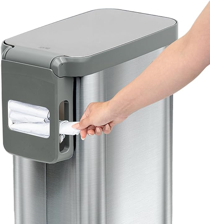 Glad Slim Trash Can with Clorox Odor Protection - Narrow Kitchen Garbage Bin with Soft Close Lid, Step On Foot Pedal and Waste Bag Roll Holder, All Stainless, 12 Gallon/45 Liter