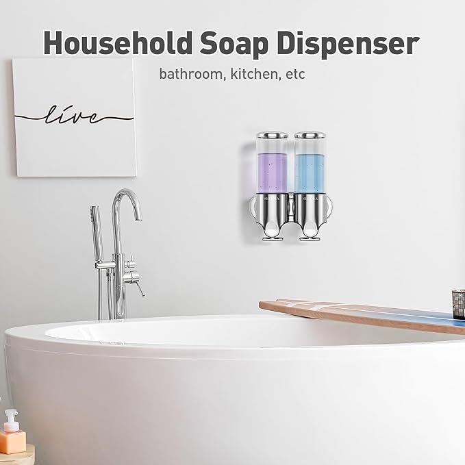 Secura Double Wall Mounted Soap Dispenser, 2 x 17 fl oz Shampoo and Soap Dispensers Perfect for Home & Kitchen (Stainless Steel)