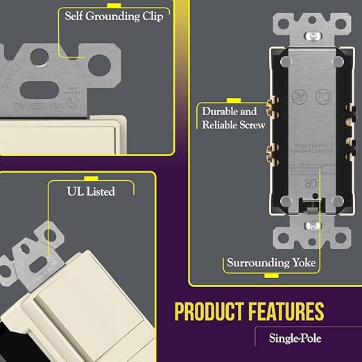 ENERLITES Double Paddle Rocker Decorator Switch, Gloss Finish, Ground Terminal, Clamp-Type Wiring, Copper Wires Only, Single Pole, Residential/Commercial Grade, 15A 120-277VAC, 62834-LA, Light Almond