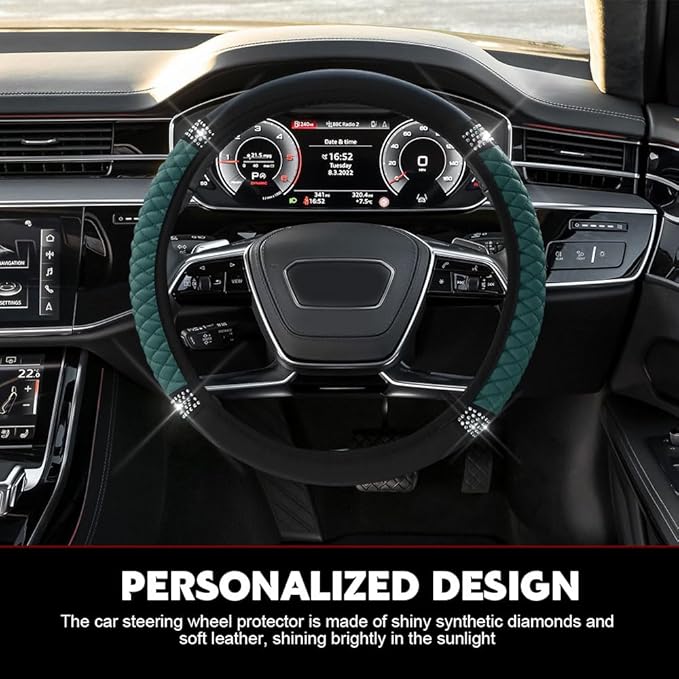 Car Steering Wheel Cover, Steering Wheel Accessories, Breathable Microfiber Leather Auto Wheels Protector, Universal 15 Inch Anti-Slip Protector for SUV Sedan Truck (Bling-Dark Green)