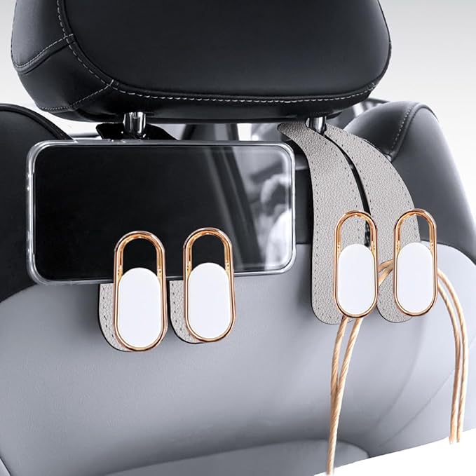 2PCS Car Seat Headrest Hook, Leather Dual Hook Vehicle Seat Back Storage Organizer for Purse Handbag Umbrella, Auto Backseat Groceries Hanger Holder, Universal for Truck SUV Sedan (Beige)