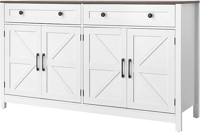 VEVOR Buffet Cabinet, Farmhouse Sideboard Cabinet with Drawer, Coffee Bar Cabinet with 4 Barn Door, Sideboard Buffet Station for Living Room, Entryway, Kitchen, 55.1 x 15.5 x 31.5 in, White