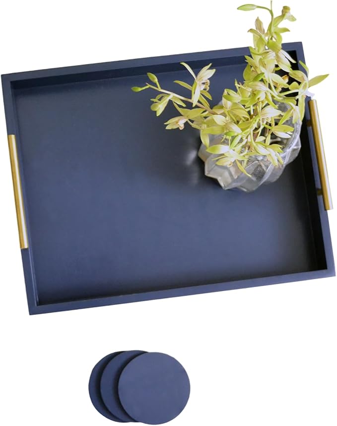 Decorative Tray with Polished Silver Metal Handles, Living Room Bathroom Coffee Bar Organizer Modern Tray for Decorative Accent Tray for Storage and Display (Sea Blue)