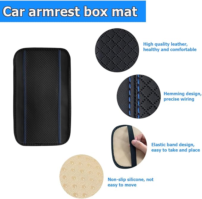 Armrest Pad for Car, PU Leather Auto Center Console Cushion Mat, Four Seasons Automotive Armrest Seat Box Cover, Universal Vehicle Interior Accessories for SUV, Truck, Van (Black/Blue)