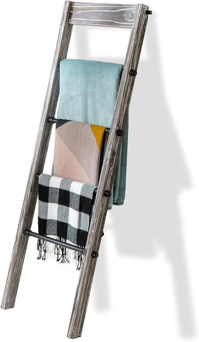 MyGift Blanket Ladder Wooden, Blanket Quilt Holder Rack Decorative Ladder with Metal Pipe Rungs, Easy Assembly, Rustic Farmhouse Ladder Shelf for The Living Room Bedroom Bathroom