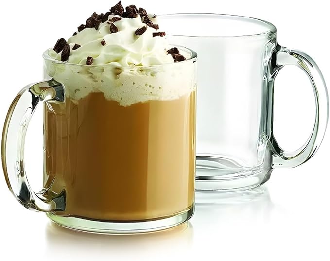 Bexter Pack of 2 Clear Glass Coffee Mugs – 13 oz Heavy-Duty Thick-Walled Cups for Hot Beverages – Durable, Elegant, Heat-Resistant Glassware for Coffee, Tea, Lattes, and More