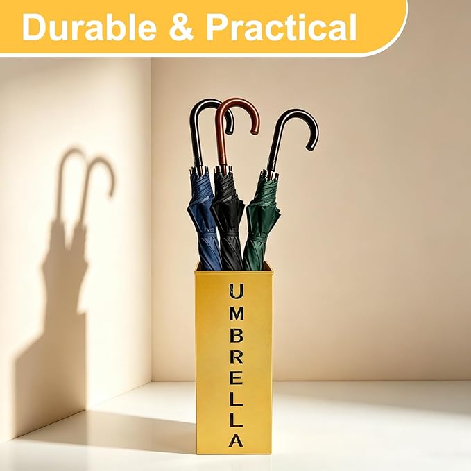 Gold Metal Umbrella Holder, Square Freestanding Umbrella Rack Stand Storage Bucket for Indoor Entryway, Home, Office and Hotel, 16.26 x 6.46 x 6.46 Inch