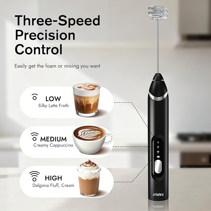 RAFOW Handheld Electric Milk Frother: Rechargeable Frother Wand with Stand, 3 Speeds & Detachable Double Whisk Drink Mixer, Froth Stirrer for Latte, Cappuccino, Cream, Matcha, Dalgona Coffee - Black