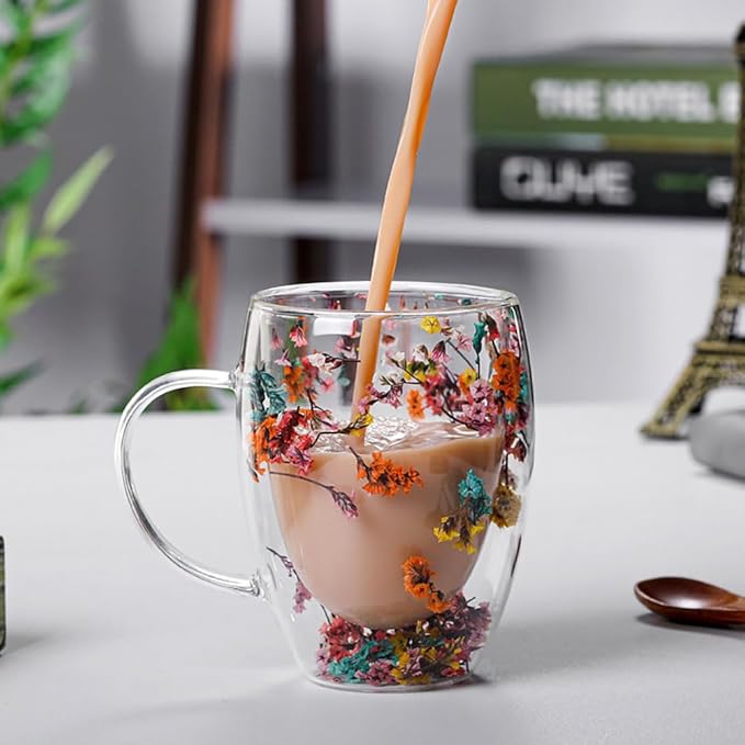 Flower Double Wall Clear Glass Coffee Mugs Creative Clear Glass Cups with Handle Flowers Double Insulated Glass Cup for Hot Cold Beverages Cappuccino Latte, Espresso Juice Glass Coffee Cups
