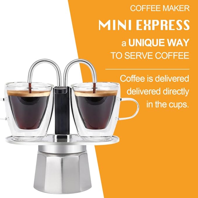 MVPLUE-Mini Express Double Tube Moka Pot Aluminum Silver,Share fresh delicious coffee with a friend