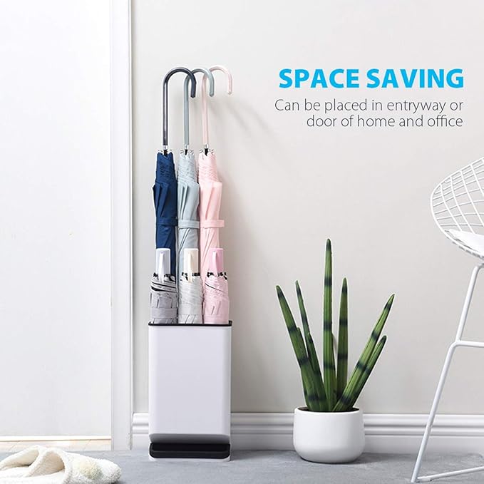 Umbrella Stand Holder for Entryway, Umbrella Rack with Removable Drip Tray Free Standing Organizer for Umbrella Walking Sticks Canes, Stored 6 Umbrellas, Ideal for Home Office Decor, White