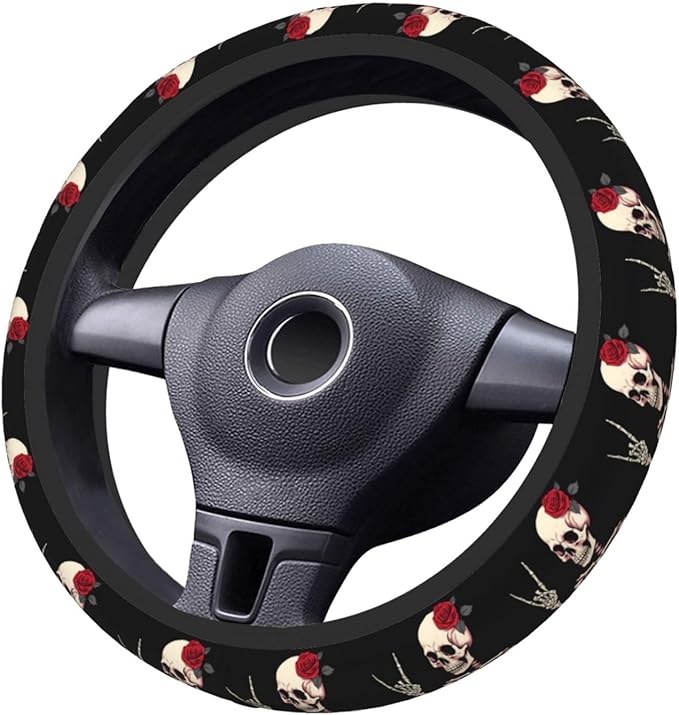 Hippie Skeleton Steering Wheel Cover Women, Comfortable Elastic Steering Car Wheel Cover Fit 15 inches Universal Accessories Suvs Trucks Decor